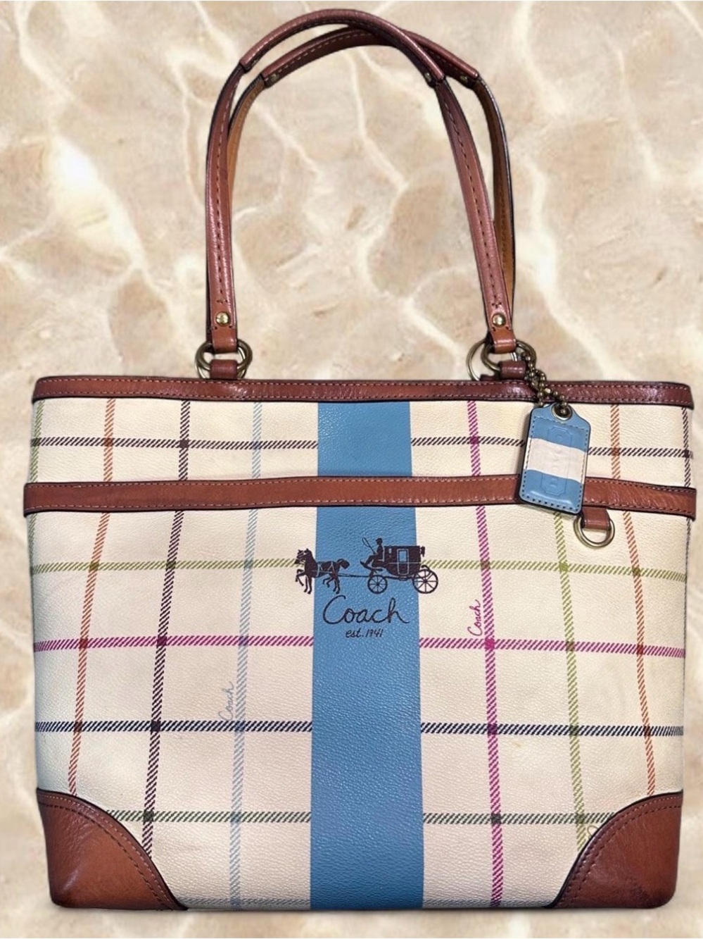 Y2K Coach Heritage Tattersall Cream Plaid Tote Blue Center Stripe Coach 12561